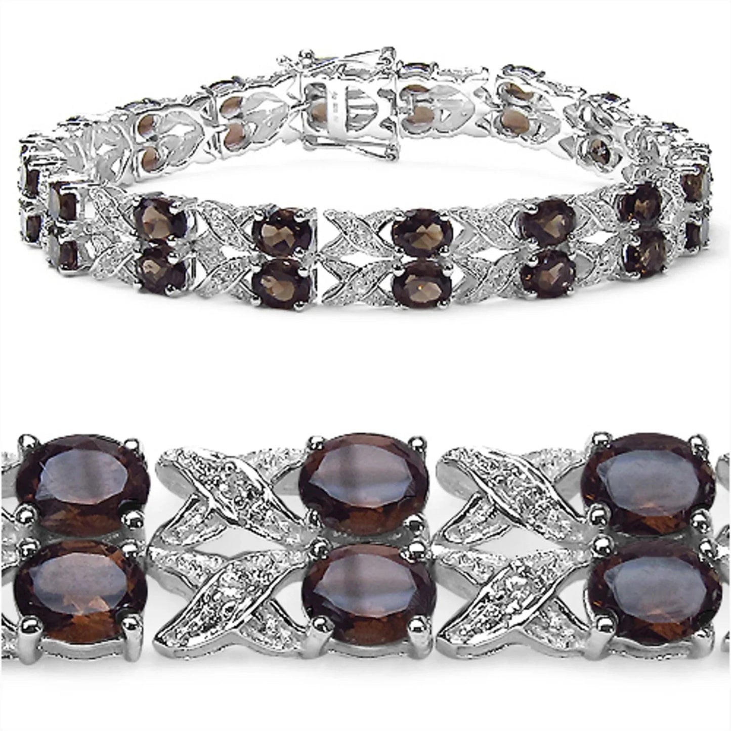 12.60 Ct Oval Brown Smoky Quartz Prong Silver Double Row Crossover Tennis Bracelet