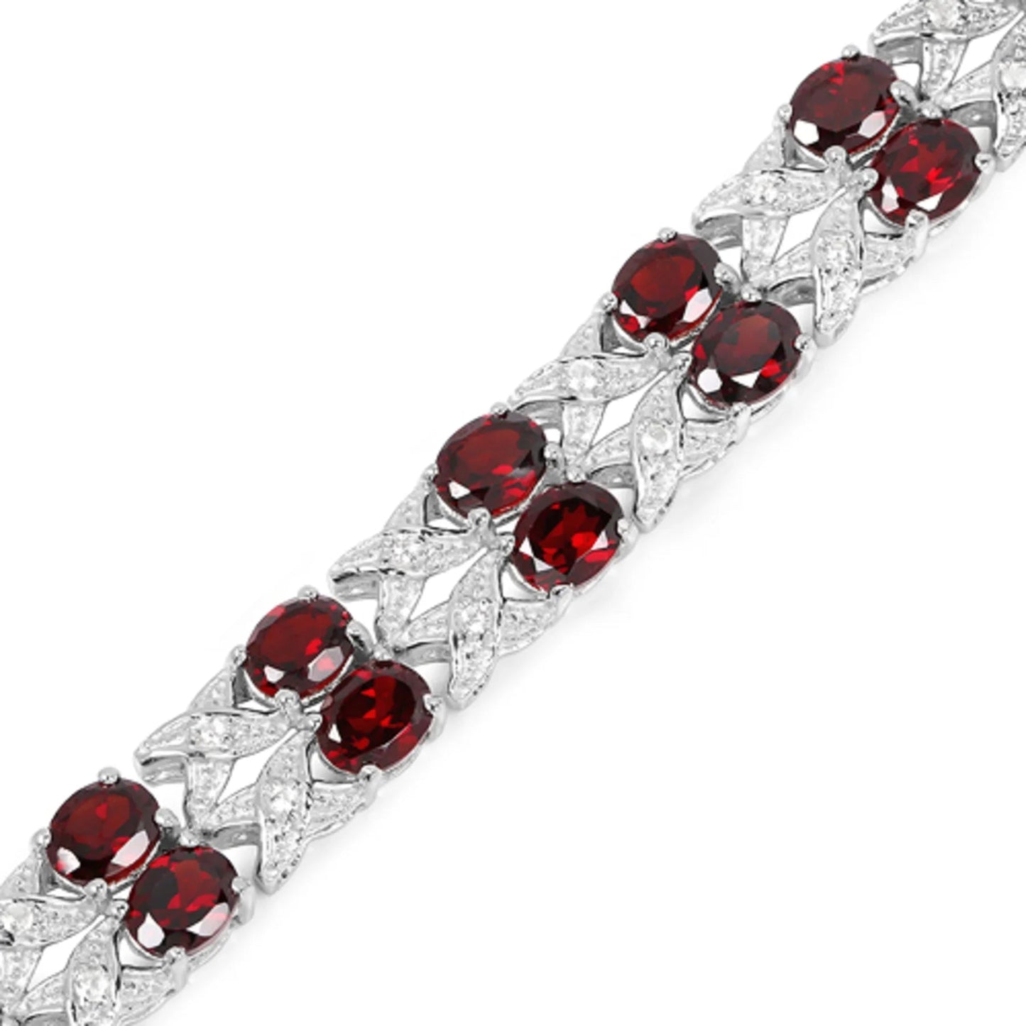 18.36 Ct Oval Deep Red Garnet Prong Silver Double Row X-Link Tennis Bracelet