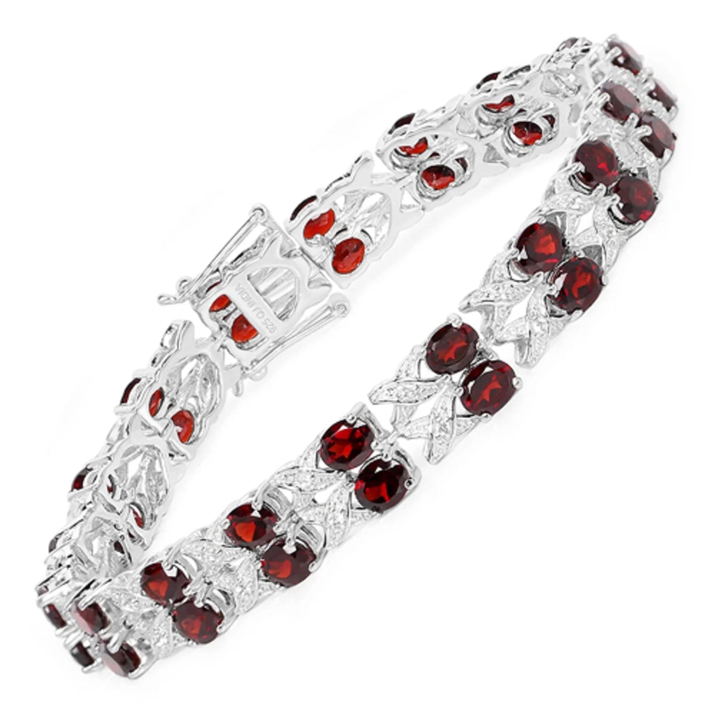 18.36 Ct Oval Deep Red Garnet Prong Silver Double Row X-Link Tennis Bracelet
