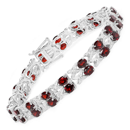 18.36 Ct Oval Deep Red Garnet Prong Silver Double Row X-Link Tennis Bracelet