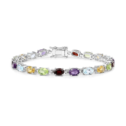 9.37 Ct Oval Multicolor Gemstones Prong Sterling Silver Inline Tennis Bracelet