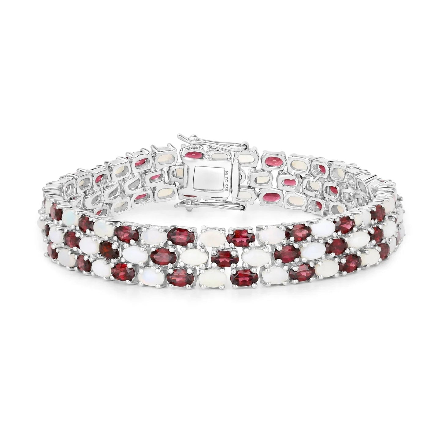24.08 Cttw Oval White Opal and Red Rhodolite Prong Silver Three Row Tennis Bracelet