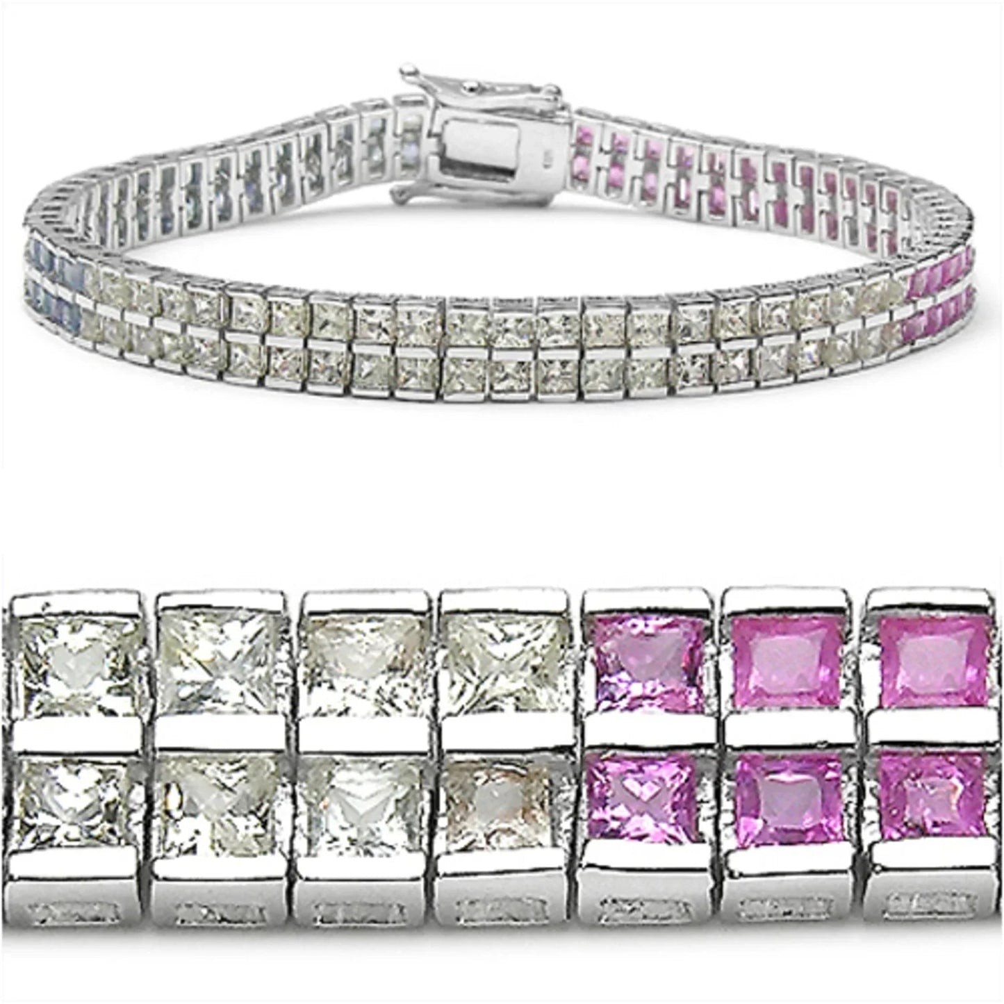 9.52 Ct Square Multicolor Multi-Sapphire Channel Silver Double Row Tennis Bracelet