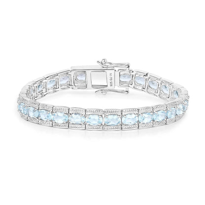 14.79 Ct Oval Blue Topaz Prong Sterling Silver Inline Tennis Bracelet