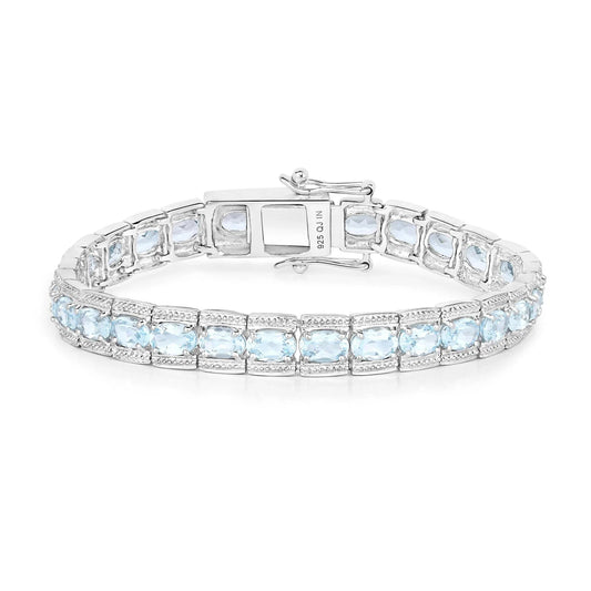 14.79 Ct Oval Blue Topaz Prong Sterling Silver Inline Tennis Bracelet