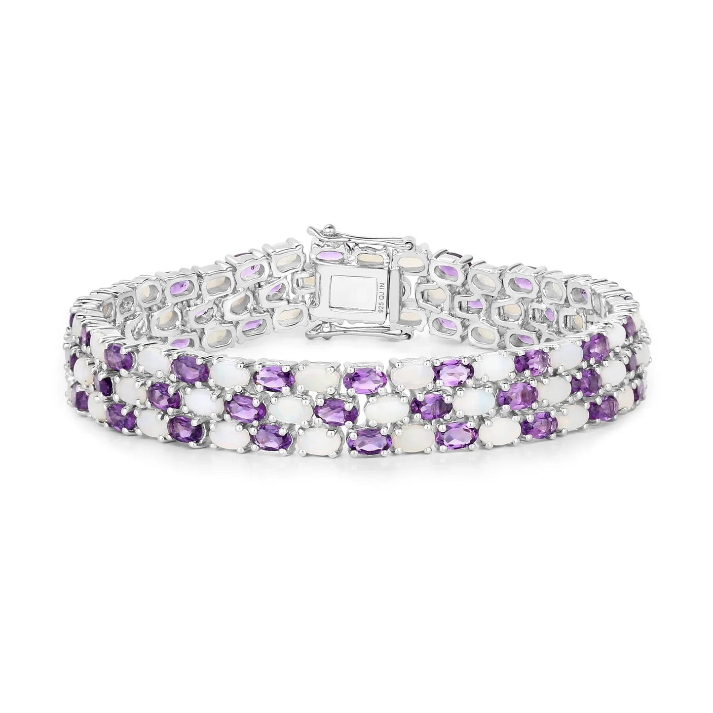 18.68 Cttw Oval White Opal and Purple Amethyst Prong Silver Three Row Tennis Bracelet