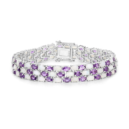 18.68 Cttw Oval White Opal and Purple Amethyst Prong Silver Three Row Tennis Bracelet