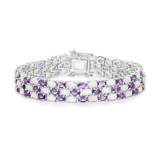 18.68 Cttw Oval White Opal and Purple Amethyst Prong Silver Three Row Tennis Bracelet