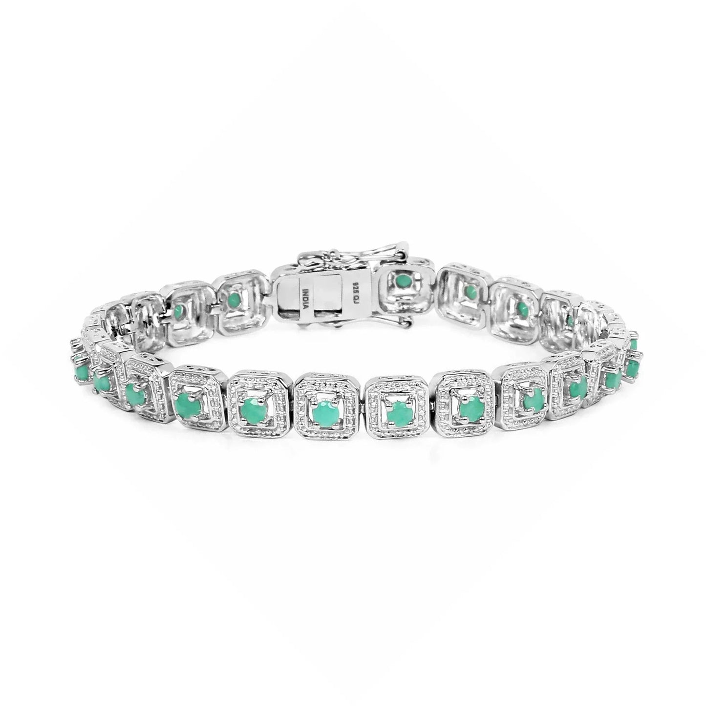 2.40 Ct Round Green Emerald Square Halo Sterling Silver Inline Tennis Bracelet