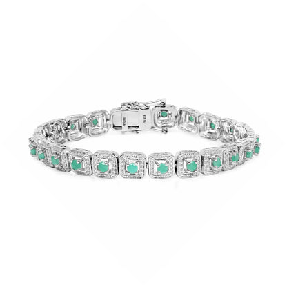 2.40 Ct Round Green Emerald Square Halo Sterling Silver Inline Tennis Bracelet