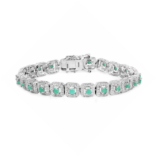 2.40 Ct Round Green Emerald Square Halo Sterling Silver Inline Tennis Bracelet