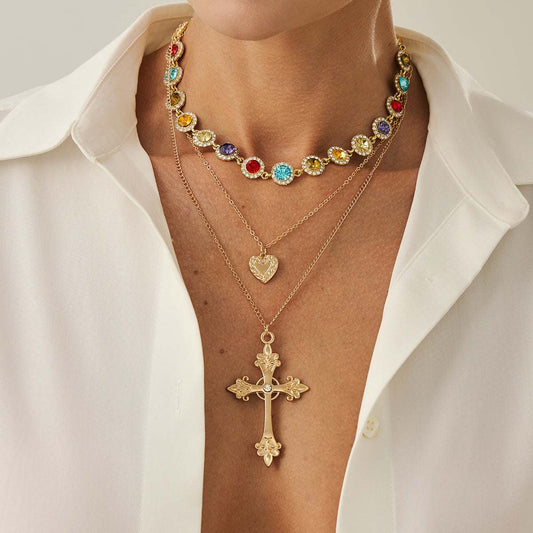 Multi-Colored Crystal & Cubic Zirconia Goldtone Heart Cross Pendant Necklace Set