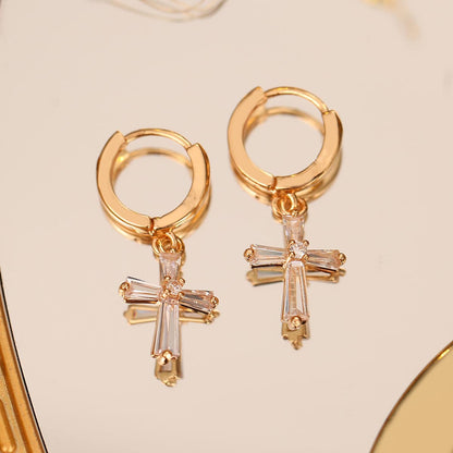 Cubic Zirconia & Goldtone Cross Huggie Earrings