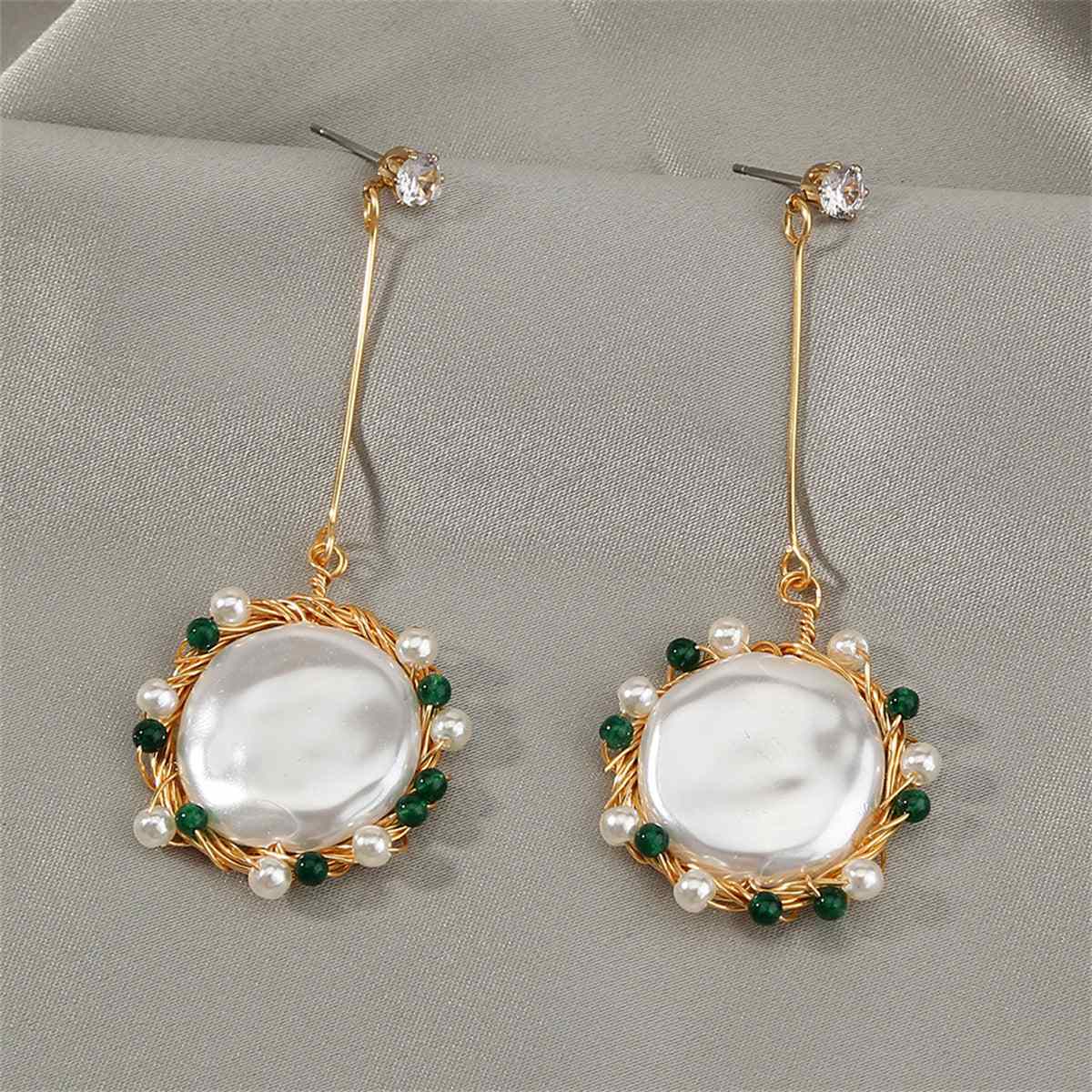 Cubic Zirconia & Pearl Goldtone Circular Drop Earrings