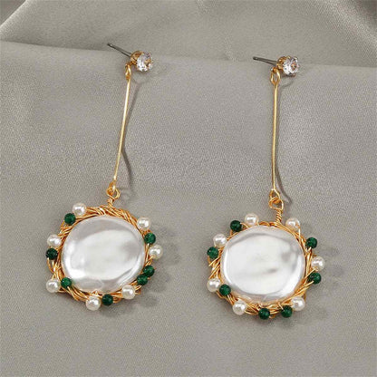 Cubic Zirconia & Pearl Goldtone Circular Drop Earrings