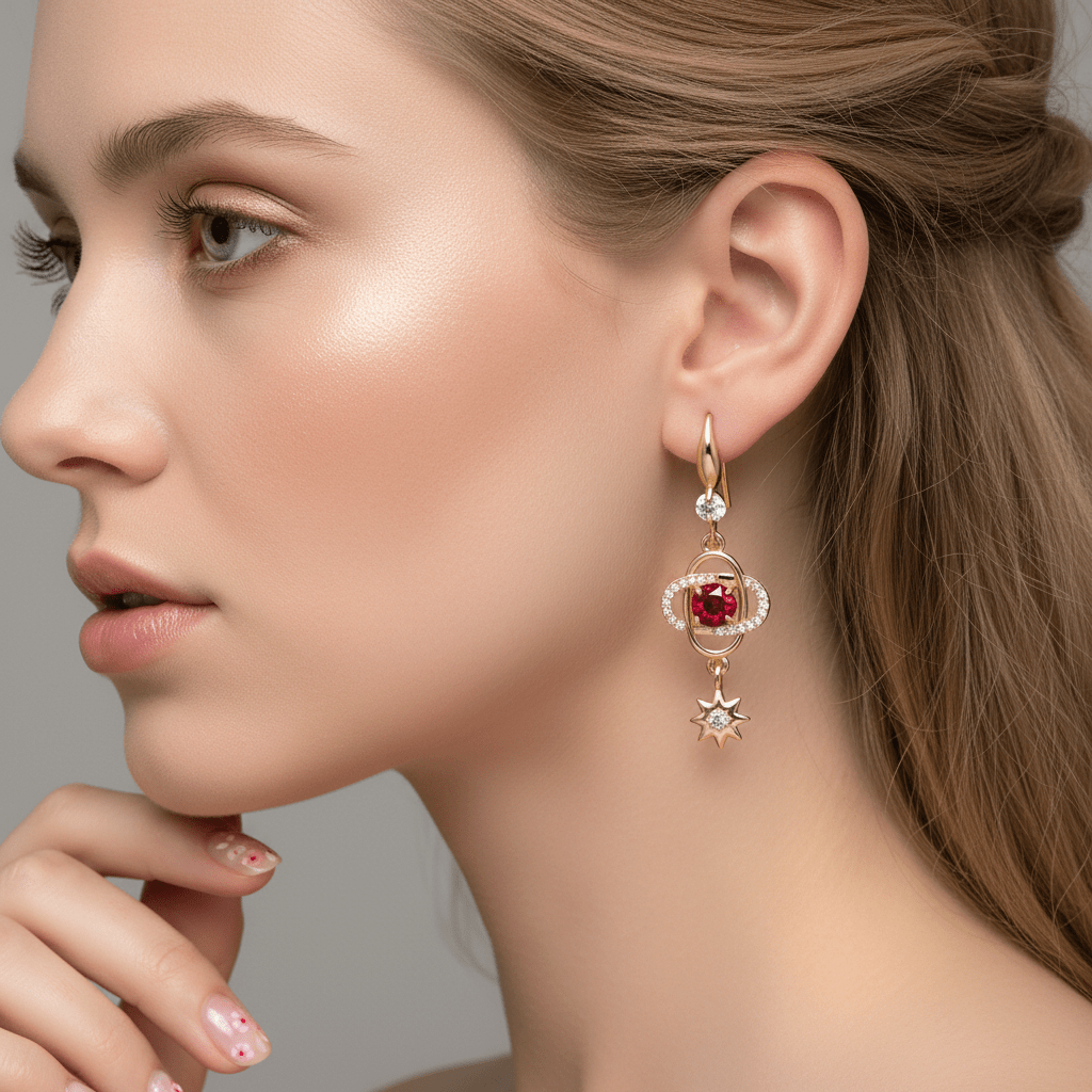 Red Crystal & Cubic Zirconia Goldtone Planet Starburst Hook Earrings