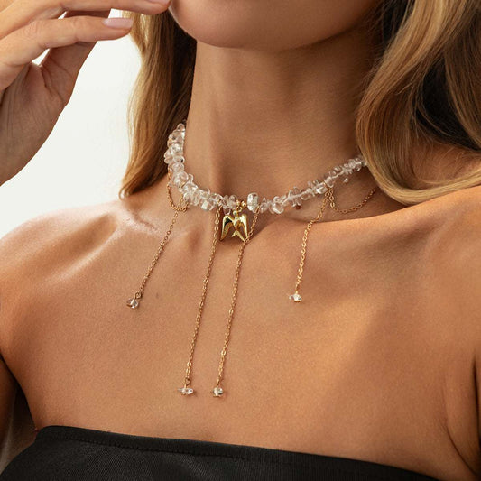 Clear Resin & Goldtone Swallow Pendant Tassel Necklace