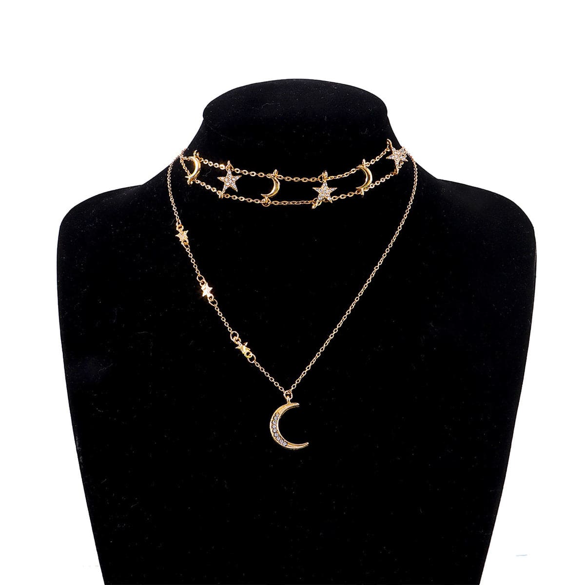 Cubic Zirconia & Goldtone Star Moon Layered Pendant Necklace