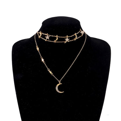 Cubic Zirconia & Goldtone Star Moon Layered Pendant Necklace