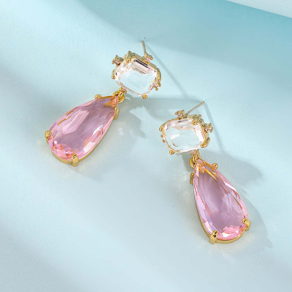 Pink Crystal & Cubic Zirconia Goldtone Rectangle Drop Earrings