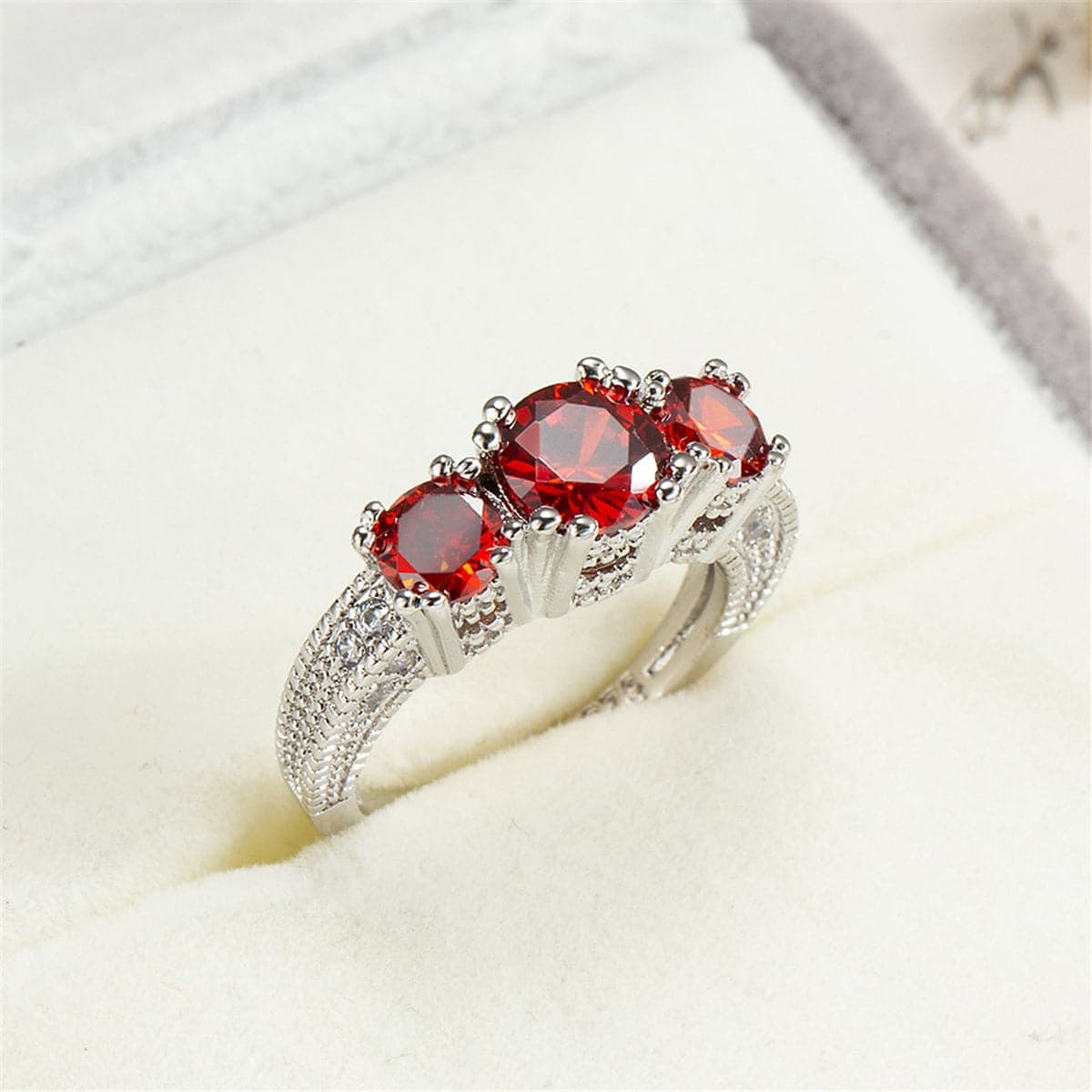 Red Crystal & Silvertone Three-Stone Ring