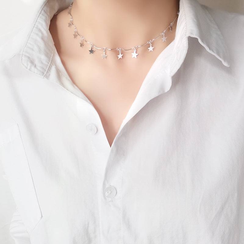 Silvertone Linking Hanging Star Choker Necklace
