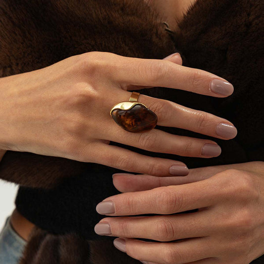 Amber Resin & Goldtone Irregular Drop Open Ring