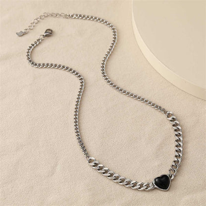Black Resin & Silvertone Heart Pendant Necklace