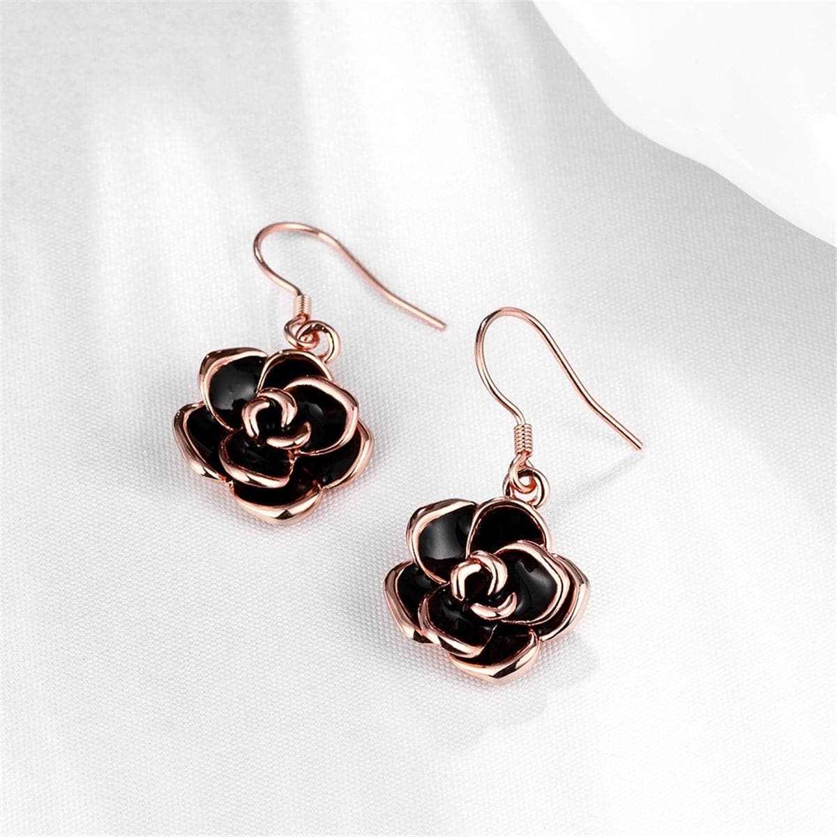 Black Enamel & Rose Goldtone Rose Drop Earrings