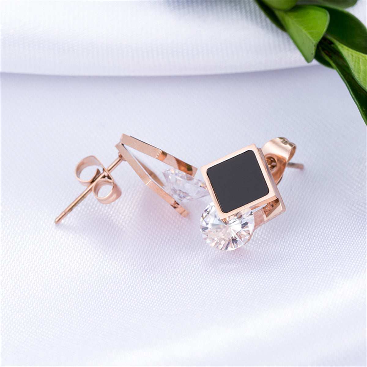 Black & Cubic Zirconia Rhombus Stud Earrings