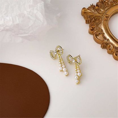 Pearl & Cubic Zirconia Goldtone Bow Dangle Earrings