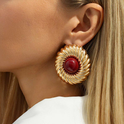 Red Resin & Goldtone Floral Round Stud Earrings