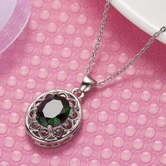 Green Crystal & Silvertone Floral Pendant Necklace