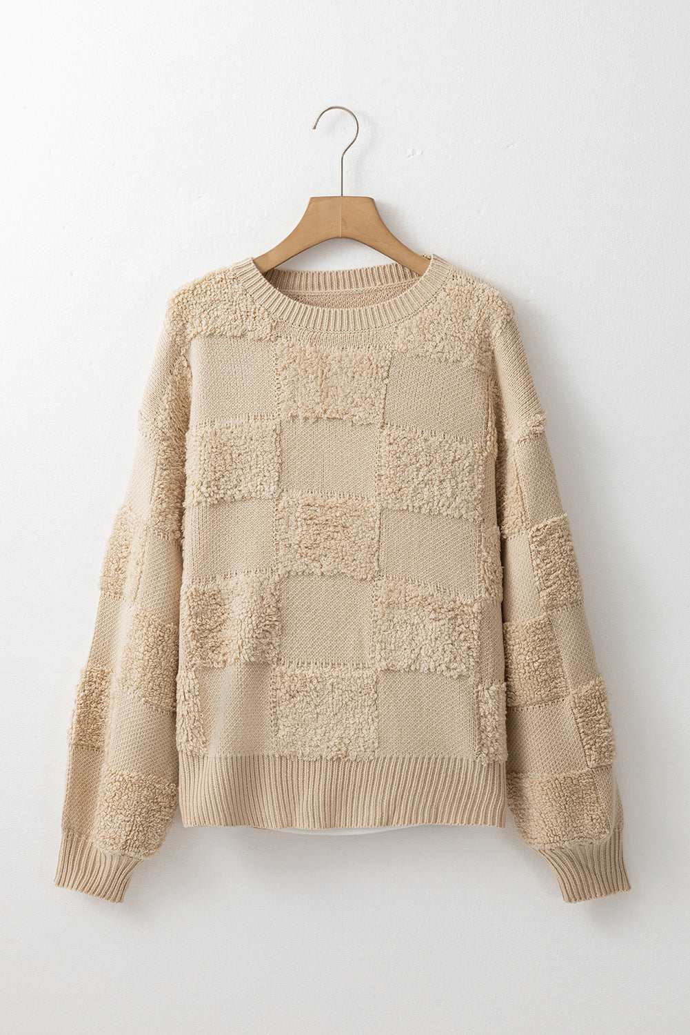 Emily Checkered Sherpa Loose Sweater - Parchment / L - 12/14