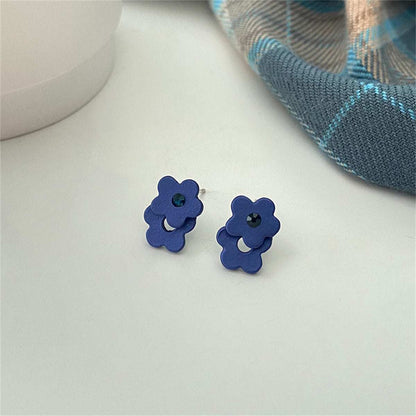 Blue Cubic Zirconia & Enamel Flower Stud Earrings
