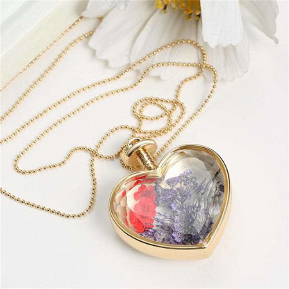 Purple Pressed Flower & Goldtone Heart Pendant Necklace