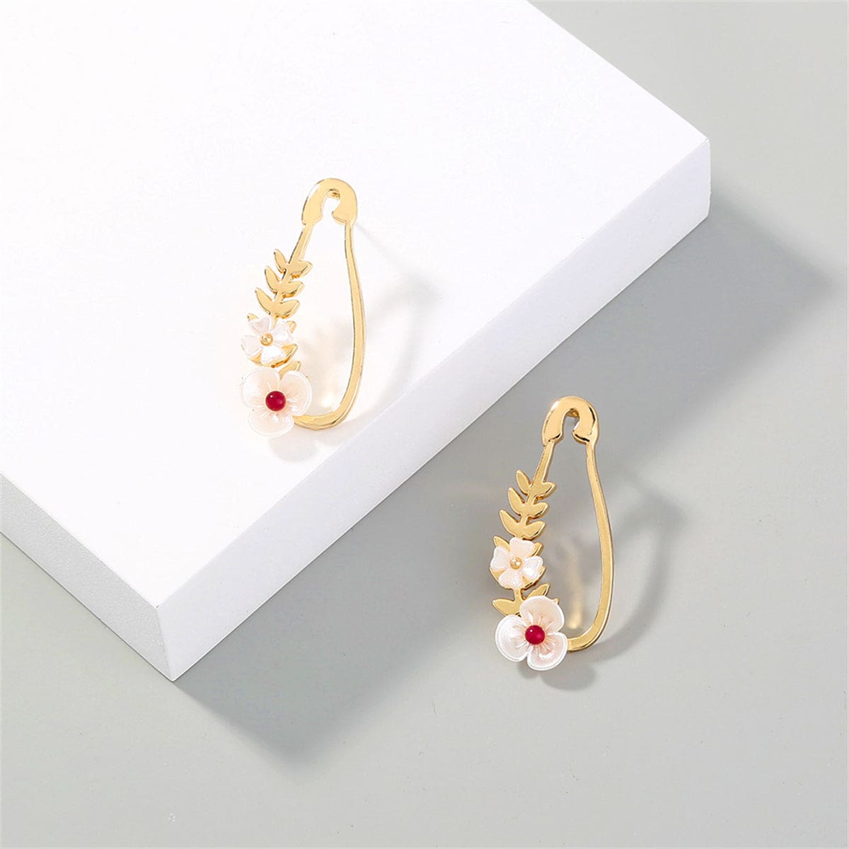 White Acrylic & Goldtone Flower Pin Drop Earrings