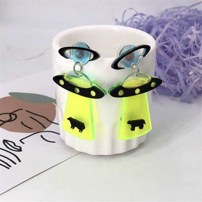 Green Acrylic & Silvertone UFO Beam Drop Earrings