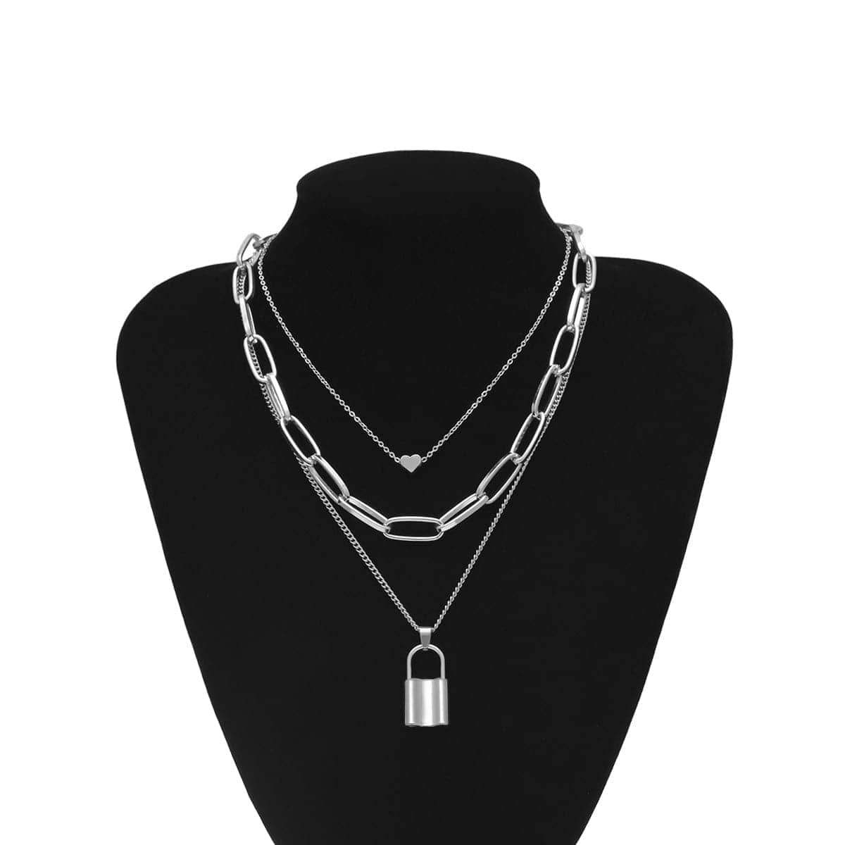 Silvertone Heart & Lock Layered Pendant Necklace
