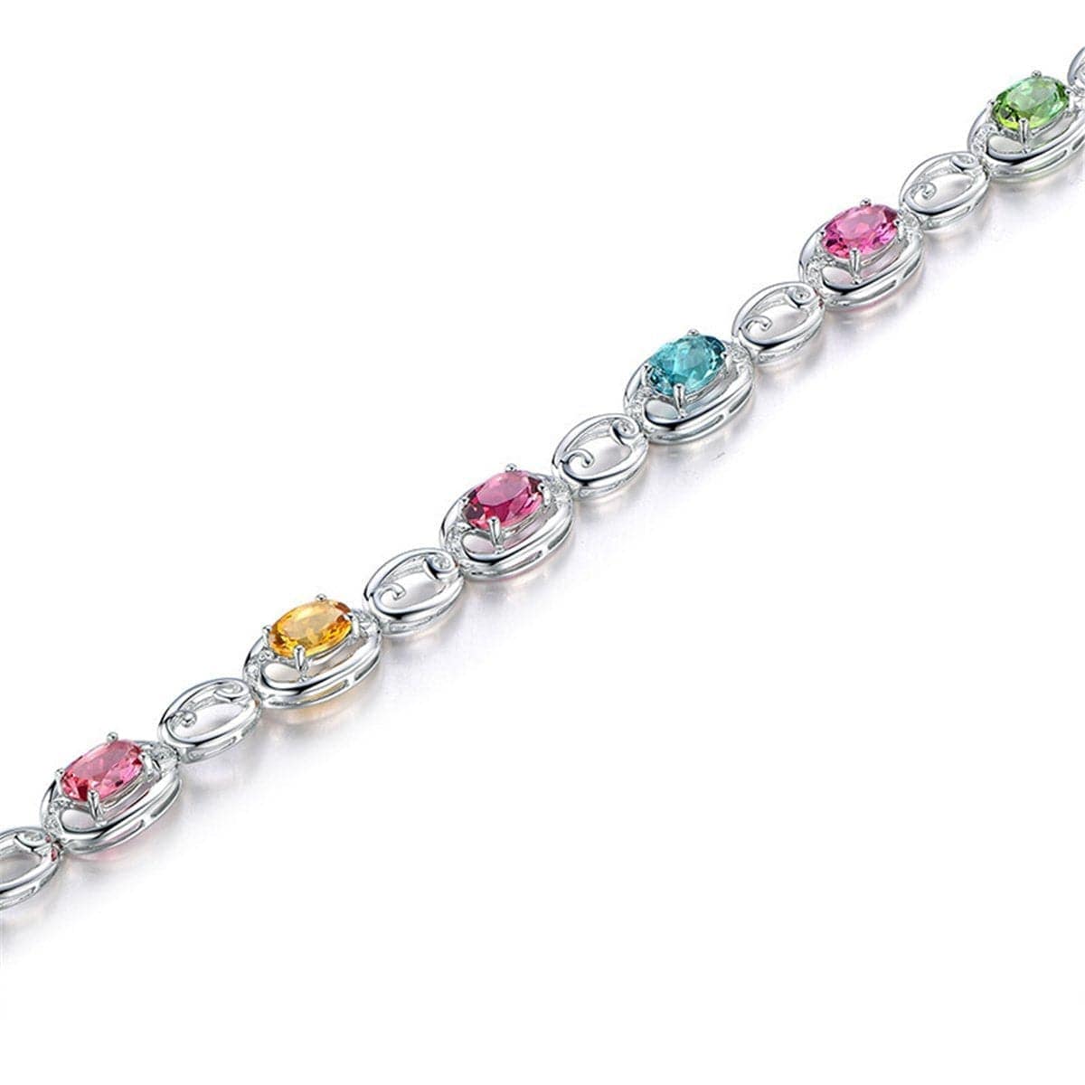 Pink Oval Crystal & Silvertone Station Bracelet