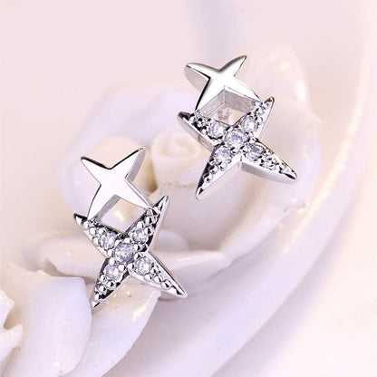 Cubic Zirconia & Silvertone Double Star Stud Earrings