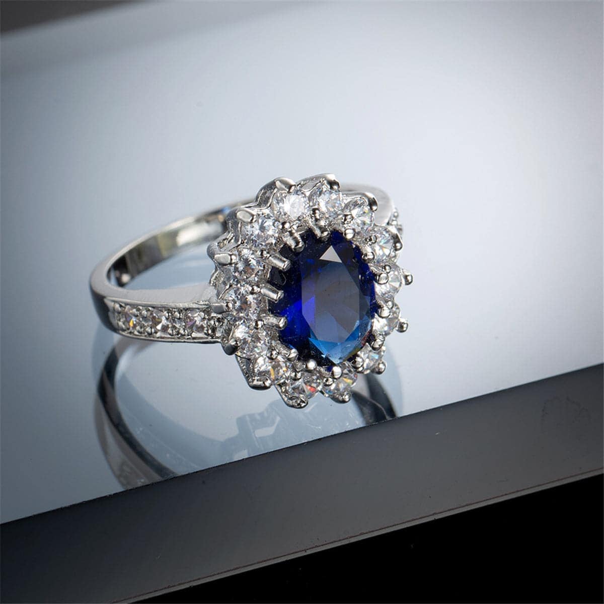 Navy Crystal & Cubic Zirconia Flower Ring-17