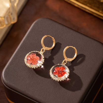 Red Pressed Flower & Goldtone Round Huggie Earrings