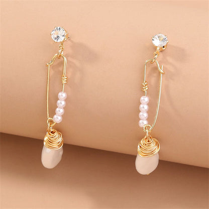 Cubic Zirconia & Pearl Goldtone Safety Pin Drop Earrings