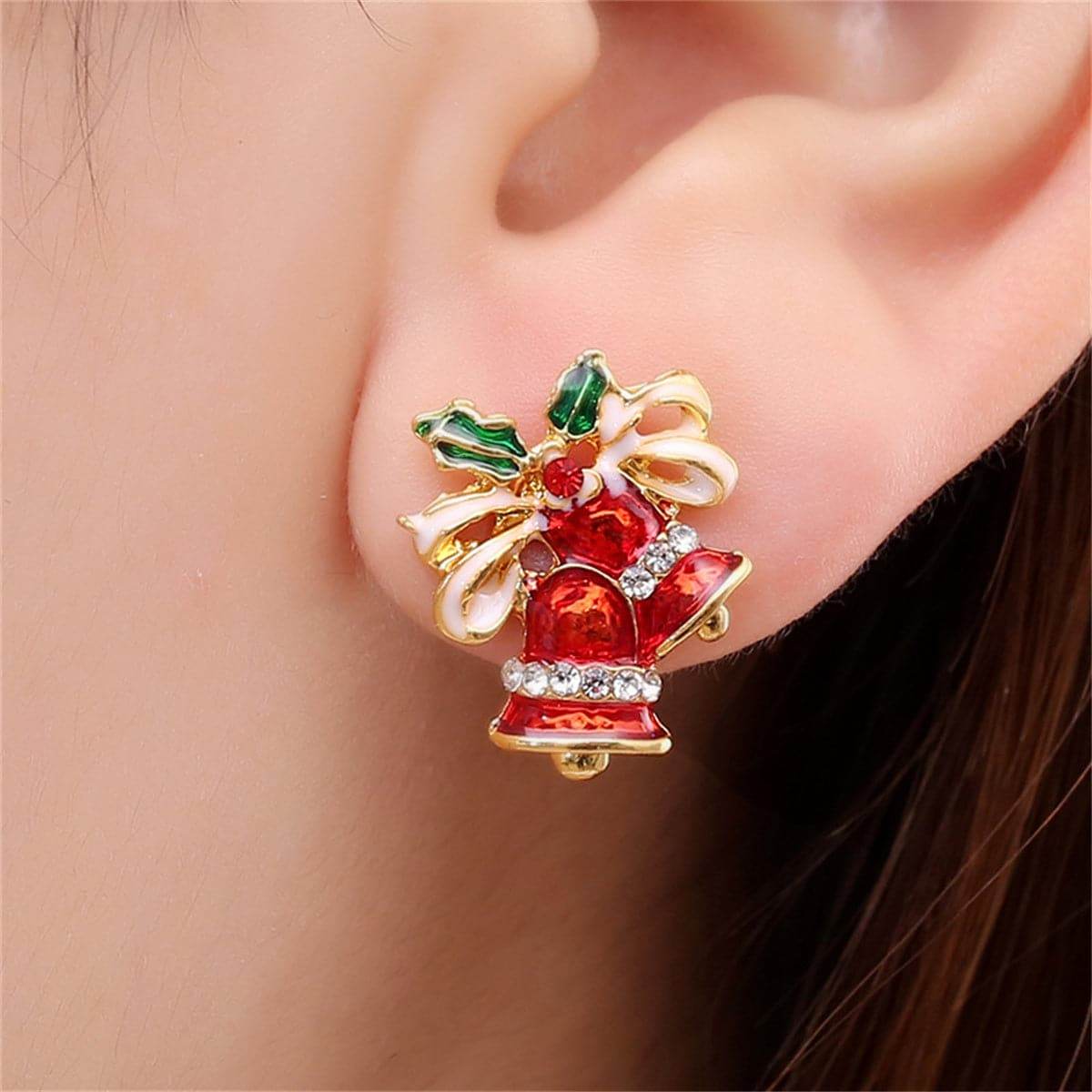 Red Cubic Zirconia & Goldtone Christmas Bell Stud Earrings