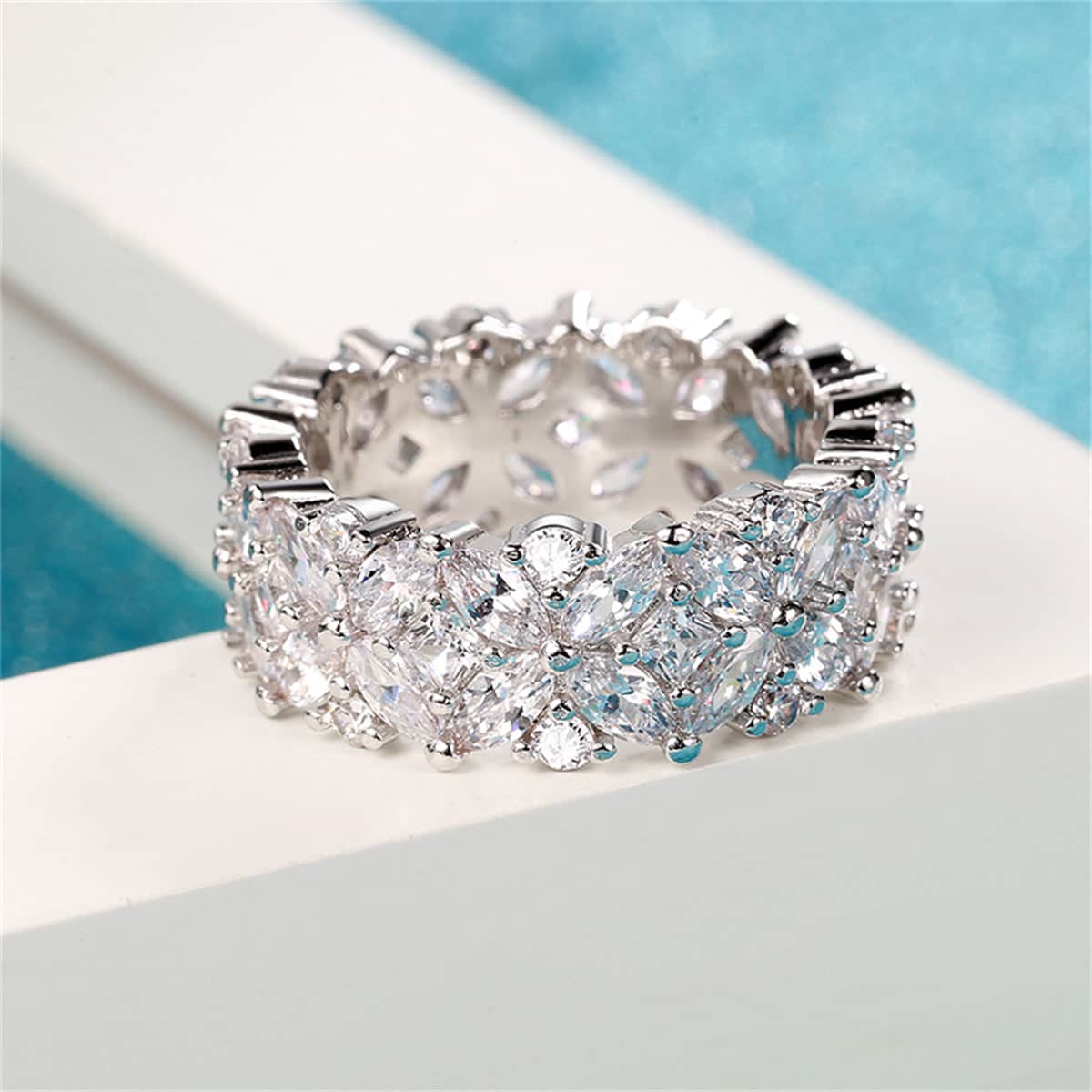 Crystal & Cubic Zirconia Silvertone Flower Band Ring-4