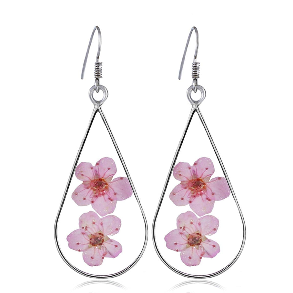 Pink Pressed Flower & Silvertone Teardrop Earrings