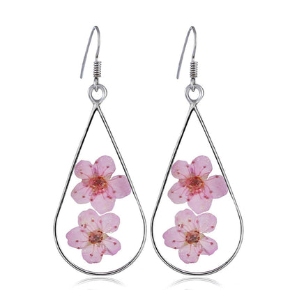 Pink Pressed Flower & Silvertone Teardrop Earrings