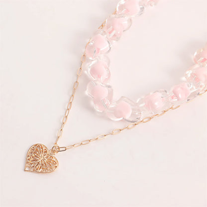Pink Resin & Goldtone Heart Chain Pendant Necklace Set