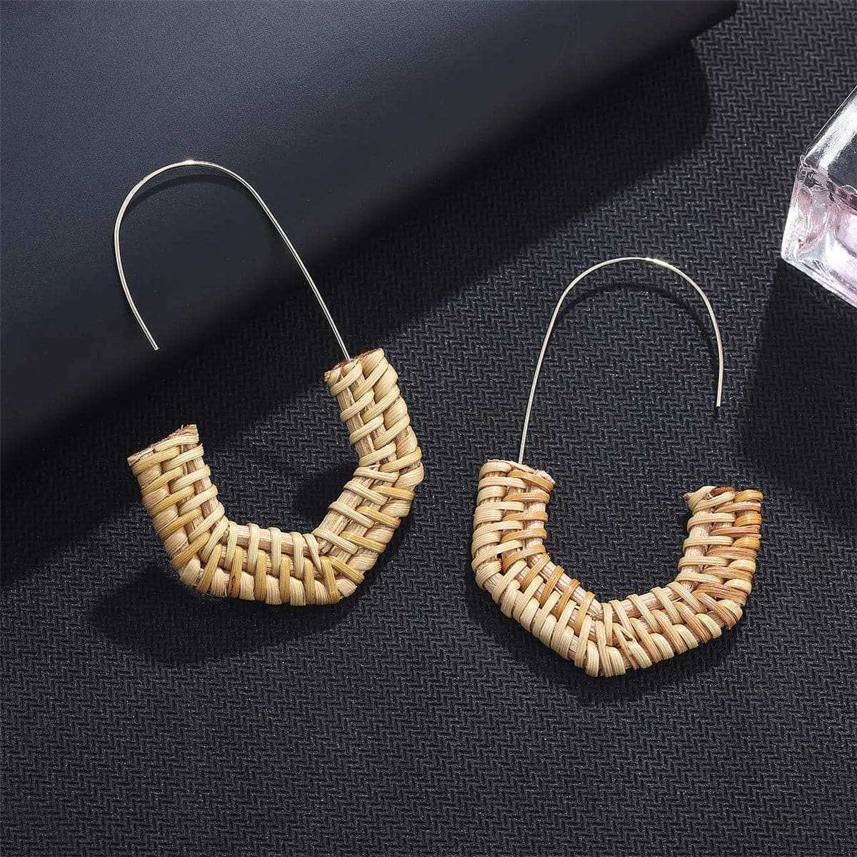 Rattan & Goldtone Half Hexagon Drop Earrings